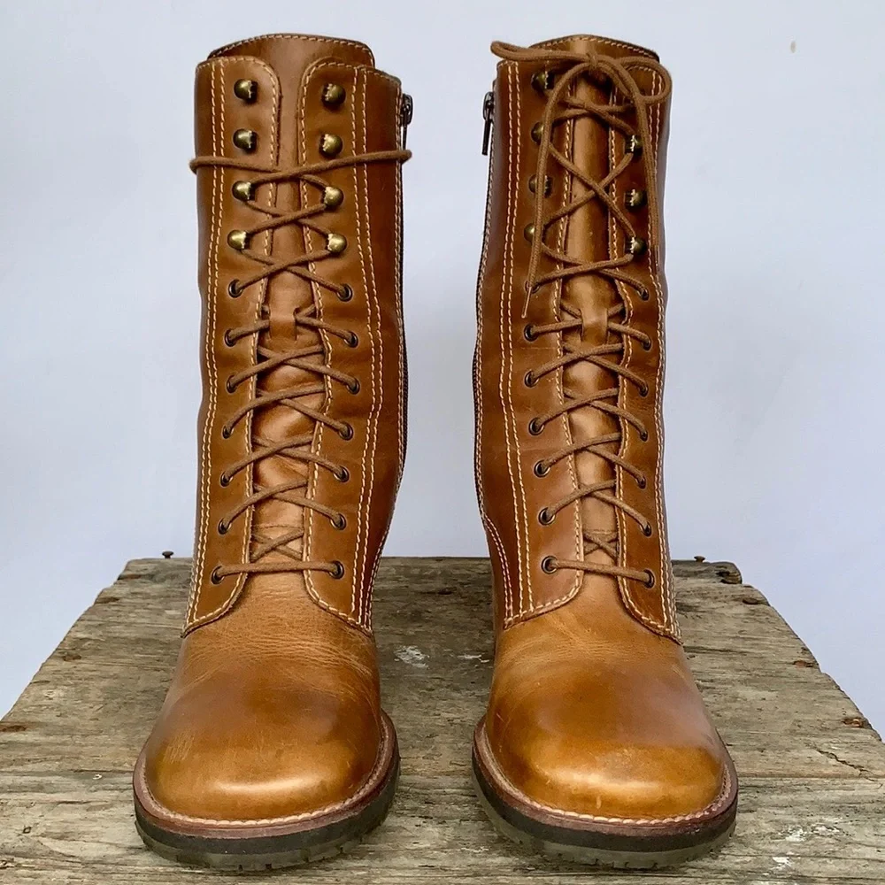 SOLD SKECHERS Vintage Y2K Lace Up Zipper Platform Chunky Heel Brown Ankle Boots - Picture 3 of 9